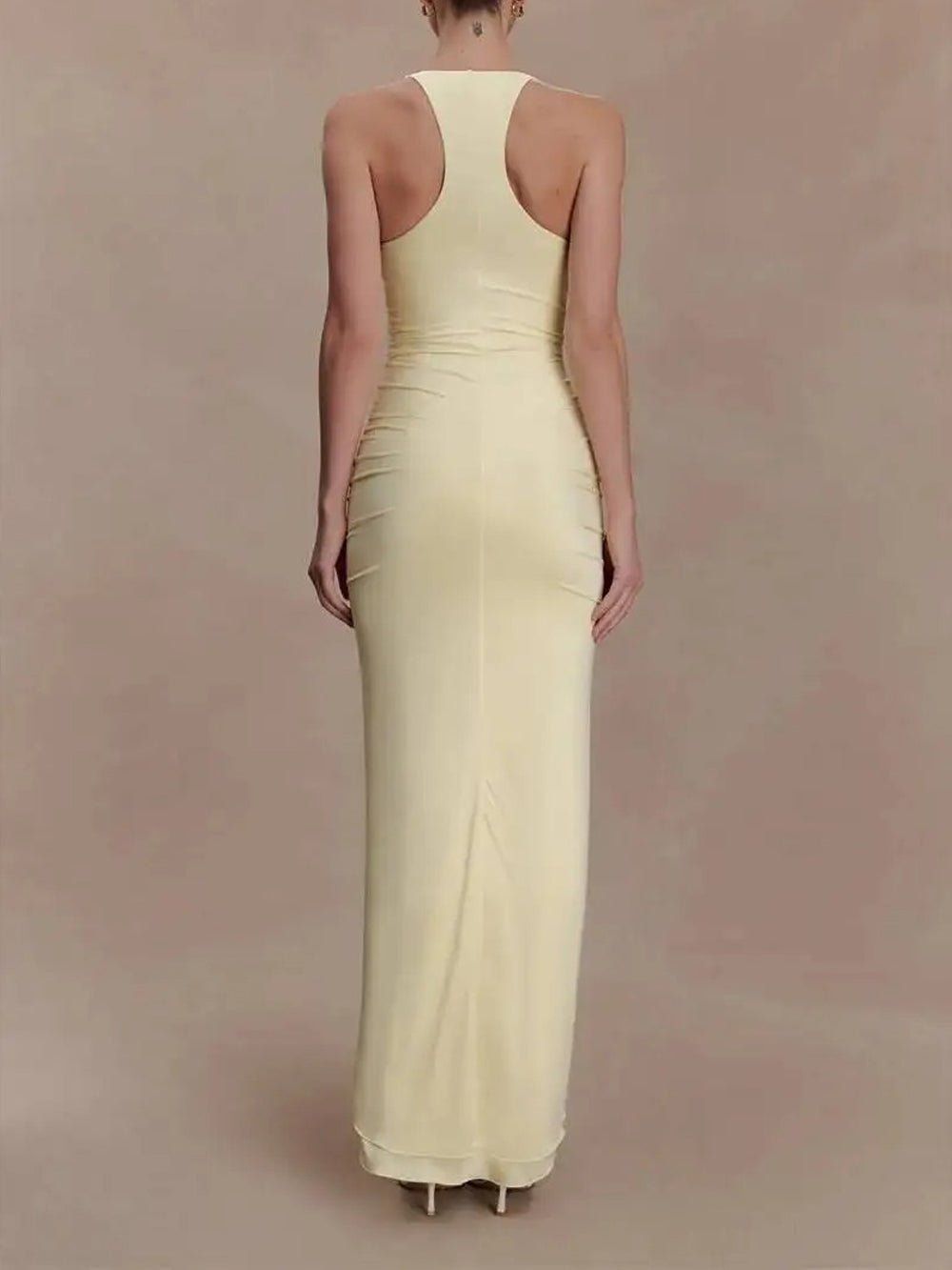 Yellow Ruched Halter Neck Deep V-Neck Rosette Detail High Split Maxi Dress