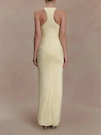 Yellow Ruched Halter Neck Deep V-Neck Rosette Detail High Split Maxi Dress