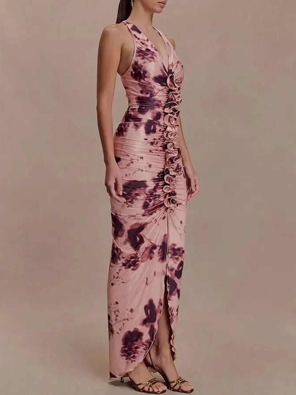 Pink Ruched Halter Neck Deep V-Neck Rosette Detail High Split Maxi Dress