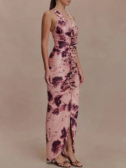 Pink Ruched Halter Neck Deep V-Neck Rosette Detail High Split Maxi Dress