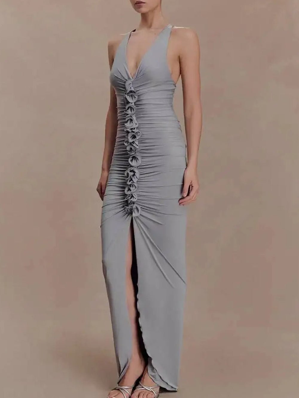 Gray Ruched Halter Neck Deep V-Neck Rosette Detail High Split Maxi Dress