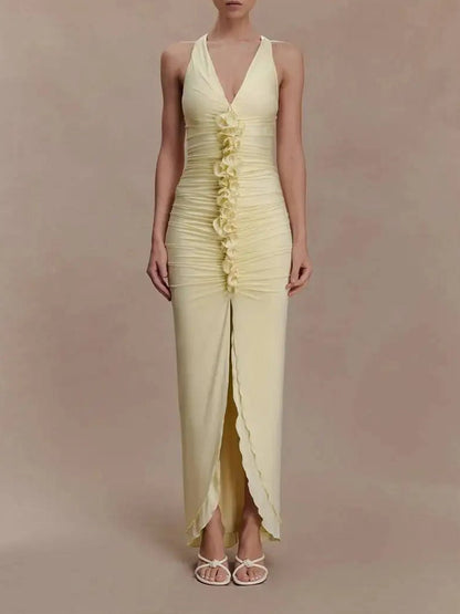 Yellow Ruched Halter Neck Deep V-Neck Rosette Detail High Split Maxi Dress