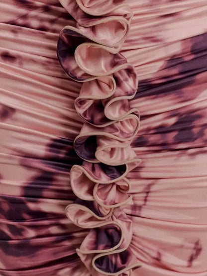 Pink Ruched Halter Neck Deep V-Neck Rosette Detail High Split Maxi Dress
