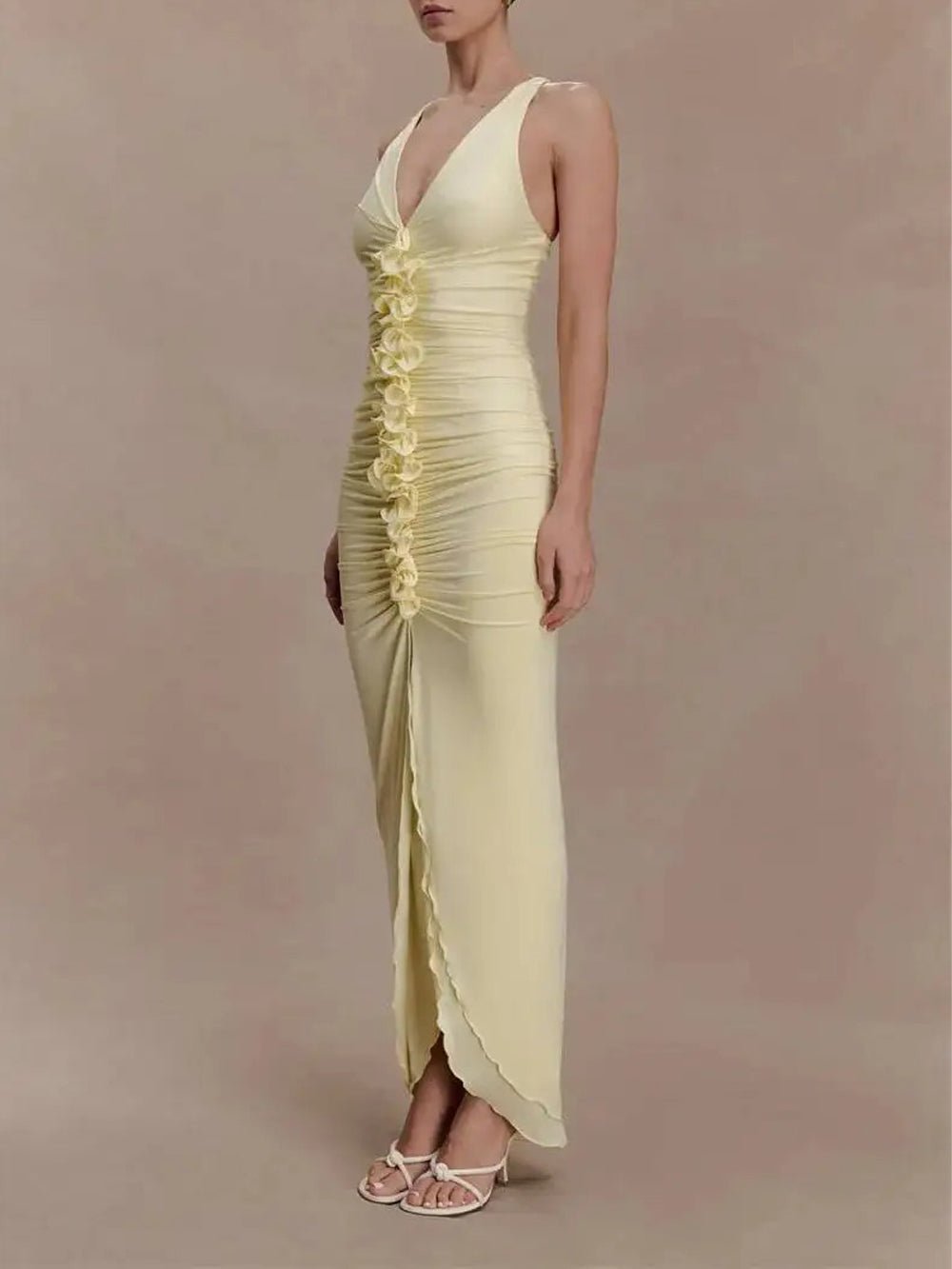 Yellow Ruched Halter Neck Deep V-Neck Rosette Detail High Split Maxi Dress
