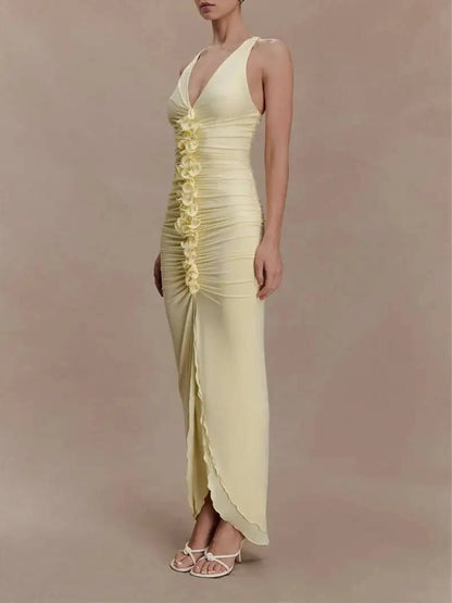 Yellow Ruched Halter Neck Deep V-Neck Rosette Detail High Split Maxi Dress