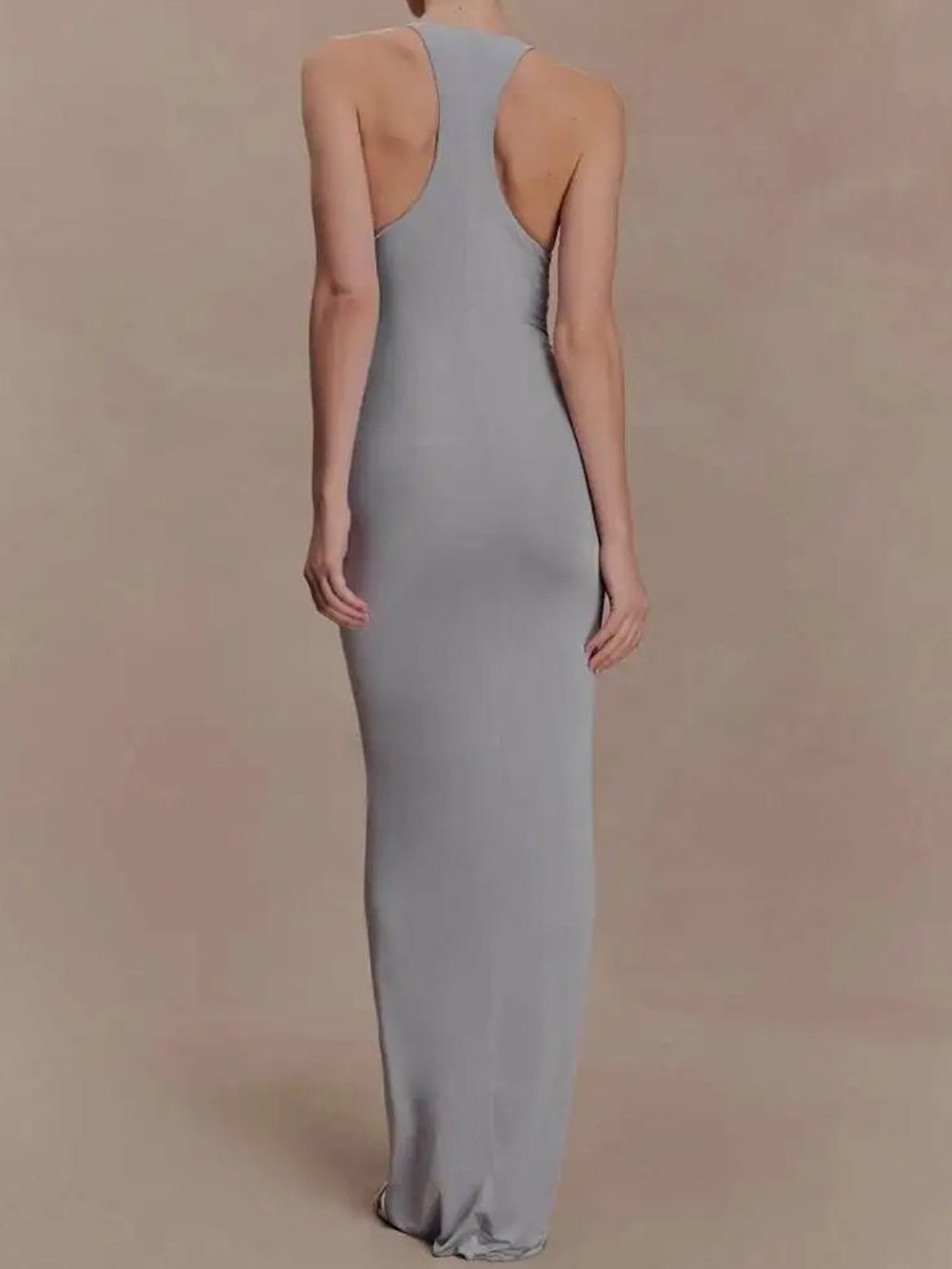 Gray Ruched Halter Neck Deep V-Neck Rosette Detail High Split Maxi Dress