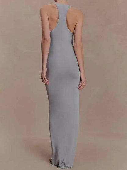 Gray Ruched Halter Neck Deep V-Neck Rosette Detail High Split Maxi Dress