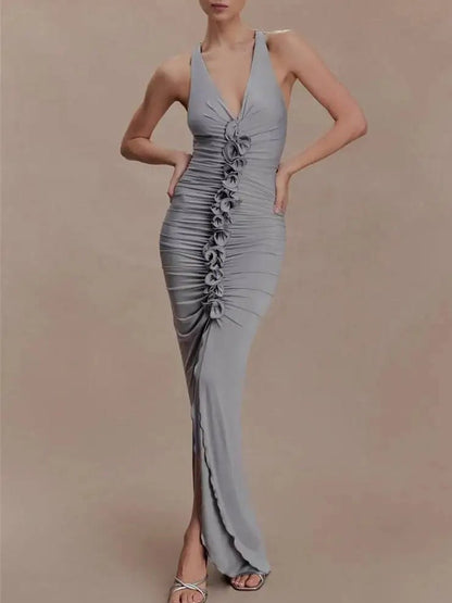 Gray Ruched Halter Neck Deep V-Neck Rosette Detail High Split Maxi Dress
