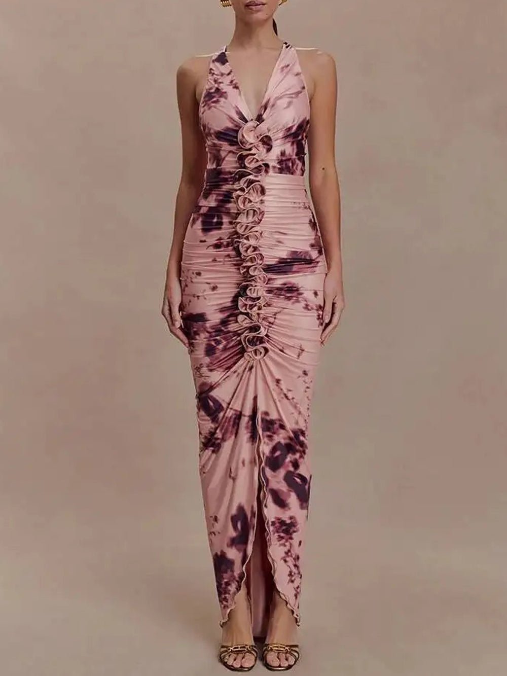 Pink Ruched Halter Neck Deep V-Neck Rosette Detail High Split Maxi Dress