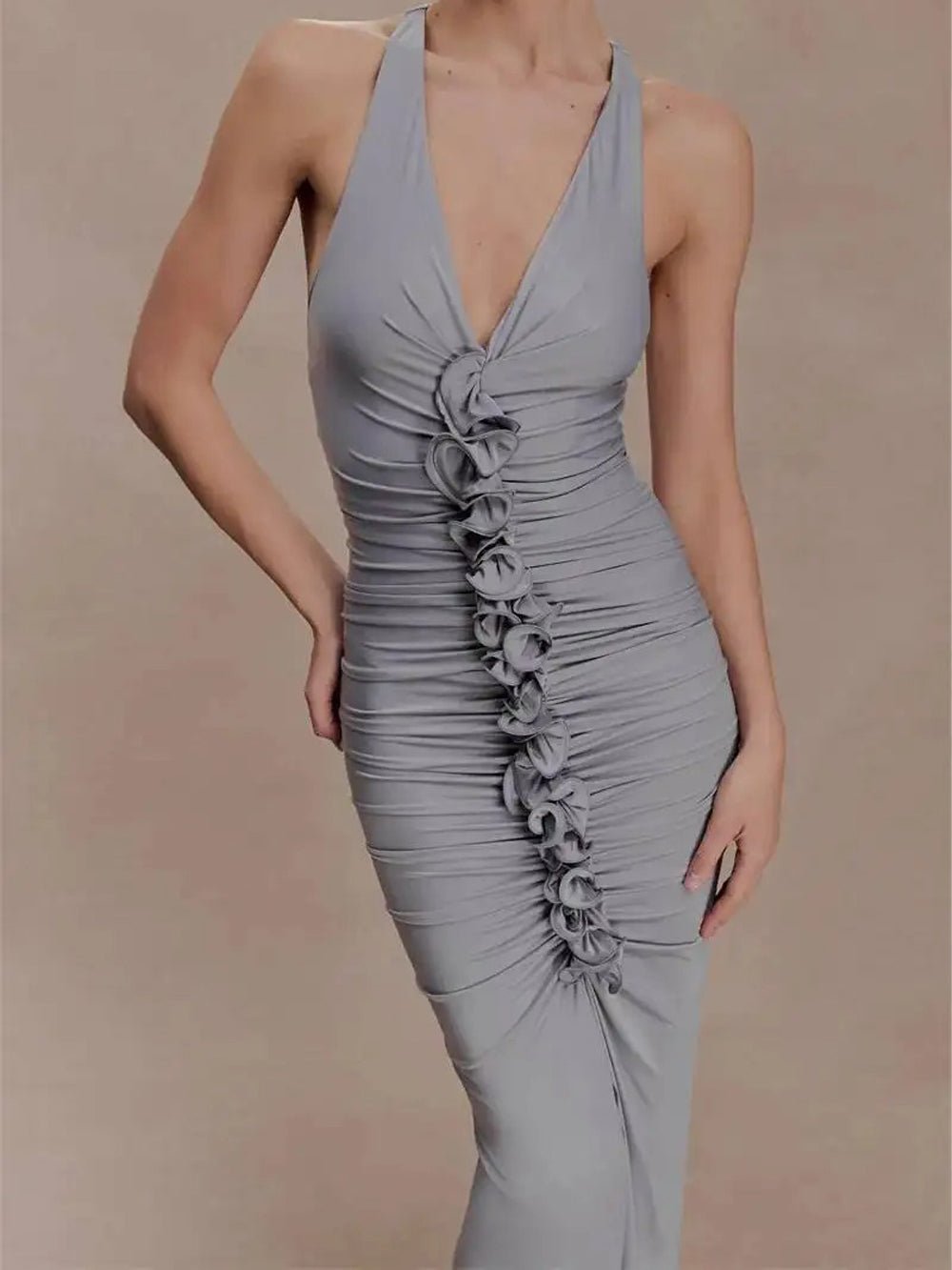 Gray Ruched Halter Neck Deep V-Neck Rosette Detail High Split Maxi Dress