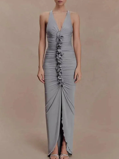 Gray Ruched Halter Neck Deep V-Neck Rosette Detail High Split Maxi Dress