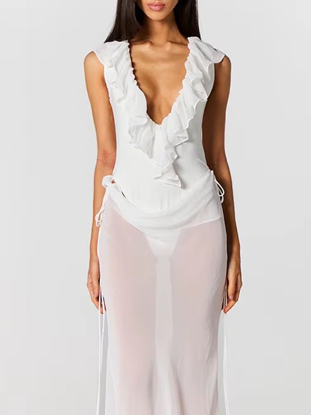 White Chiffon Deep V-Neck Ruffled Neckline Sleeveless Draped Hip Overlay Sheer Column Maxi Gown