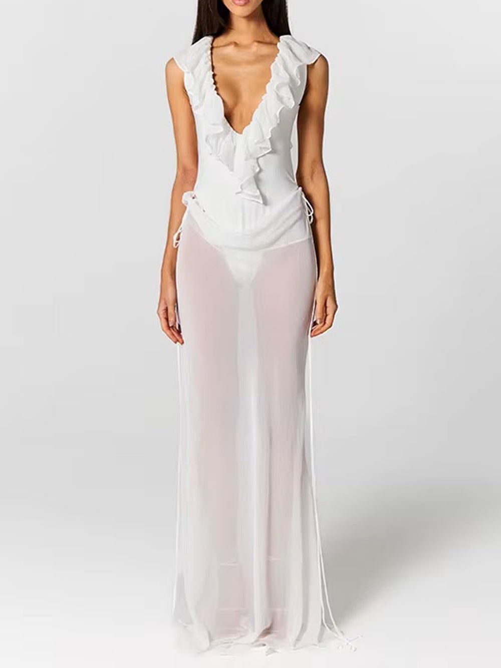 White Chiffon Deep V-Neck Ruffled Neckline Sleeveless Draped Hip Overlay Sheer Column Maxi Gown