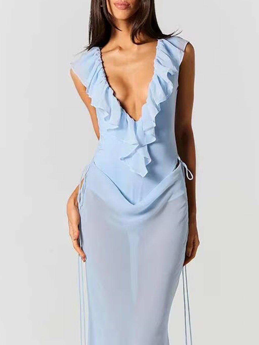 Blue Chiffon Deep V-Neck Ruffled Neckline Sleeveless Draped Hip Overlay Sheer Column Maxi Gown