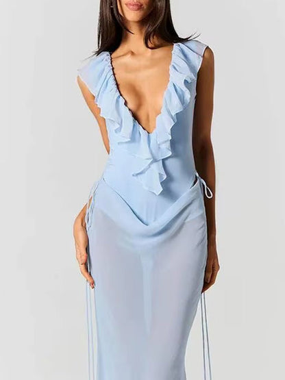 Blue Chiffon Deep V-Neck Ruffled Neckline Sleeveless Draped Hip Overlay Sheer Column Maxi Gown