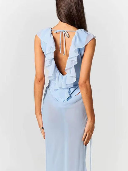 Blue Chiffon Deep V-Neck Ruffled Neckline Sleeveless Draped Hip Overlay Sheer Column Maxi Gown