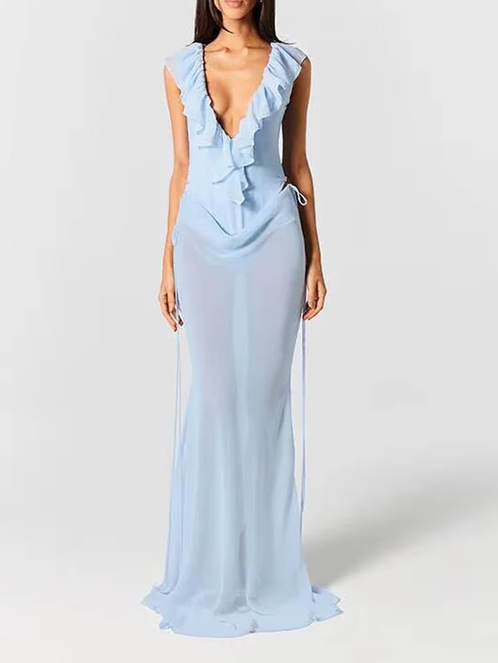 Blue Chiffon Deep V-Neck Ruffled Neckline Sleeveless Draped Hip Overlay Sheer Column Maxi Gown