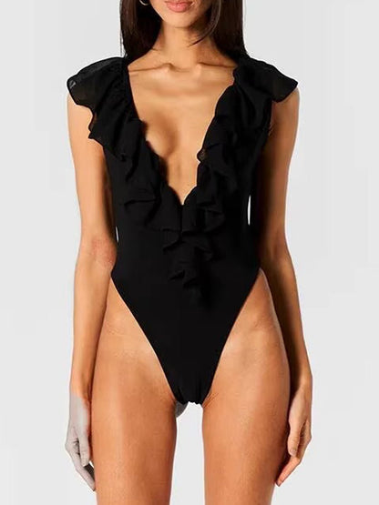 Black Chiffon Deep V-Neck Ruffled Neckline Sleeveless Draped Hip Overlay Sheer Column Maxi Gown