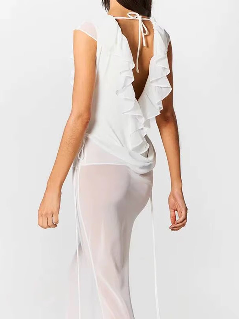 White Chiffon Deep V-Neck Ruffled Neckline Sleeveless Draped Hip Overlay Sheer Column Maxi Gown