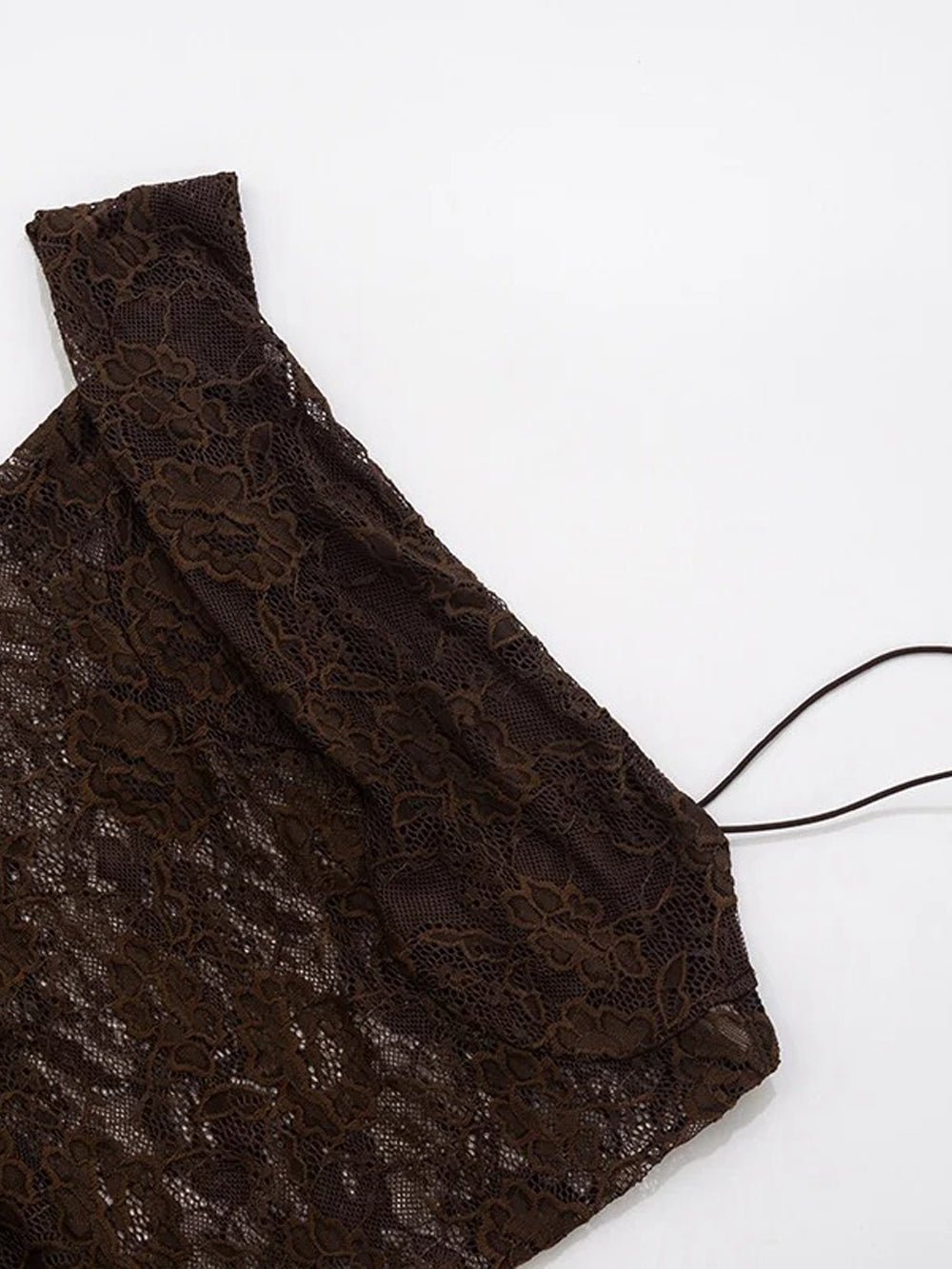Brown Lace Corset Bodice Asymmetric Strap Draped Column Maxi Gown
