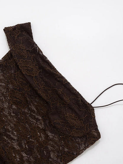 Brown Lace Corset Bodice Asymmetric Strap Draped Column Maxi Gown