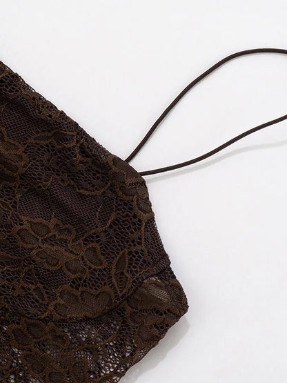 Brown Lace Corset Bodice Asymmetric Strap Draped Column Maxi Gown
