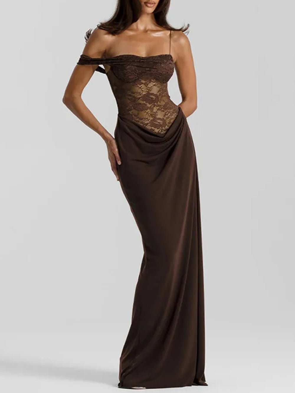 Brown Lace Corset Bodice Asymmetric Strap Draped Column Maxi Gown