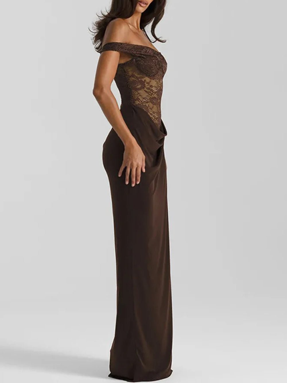 Brown Lace Corset Bodice Asymmetric Strap Draped Column Maxi Gown