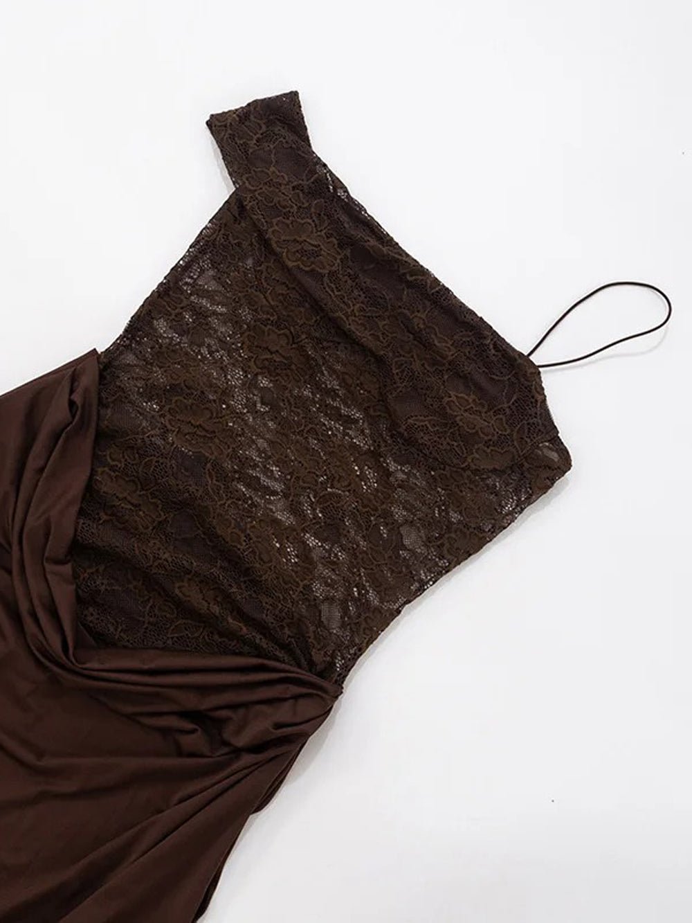 Brown Lace Corset Bodice Asymmetric Strap Draped Column Maxi Gown
