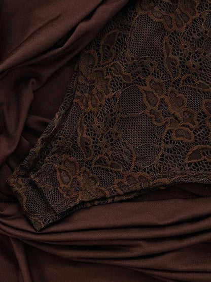 Brown Lace Corset Bodice Asymmetric Strap Draped Column Maxi Gown