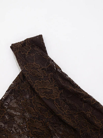 Brown Lace Corset Bodice Asymmetric Strap Draped Column Maxi Gown