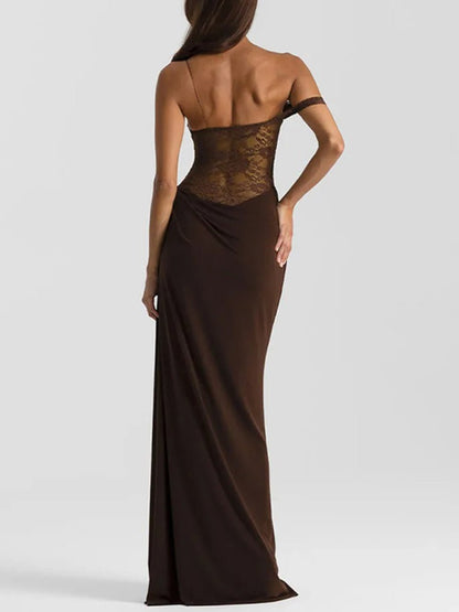 Brown Lace Corset Bodice Asymmetric Strap Draped Column Maxi Gown