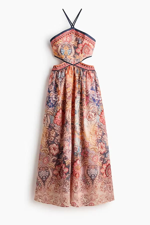 Casie Colorful Floral Print Dress Cutout Waist Back Lace-up Halter Maxi Dress