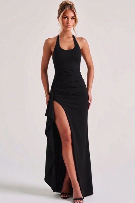 Halter Lace-Up Slit Backless Deep V Maxi Dress