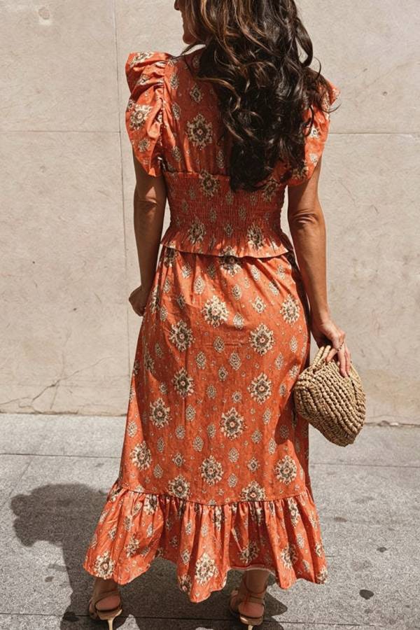 Emilia Unique Print Flutter Sleeve Smocked Top and Elastic Waist Maxi Skirt Set