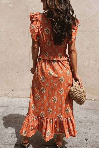 Emilia Unique Print Flutter Sleeve Smocked Top and Elastic Waist Maxi Skirt Set