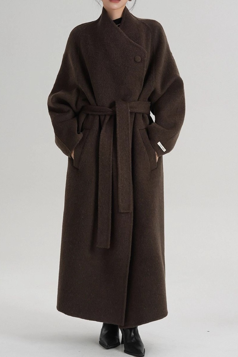 Hepburn Wool Diagonal Button Collar Tied Waist Overcoat
