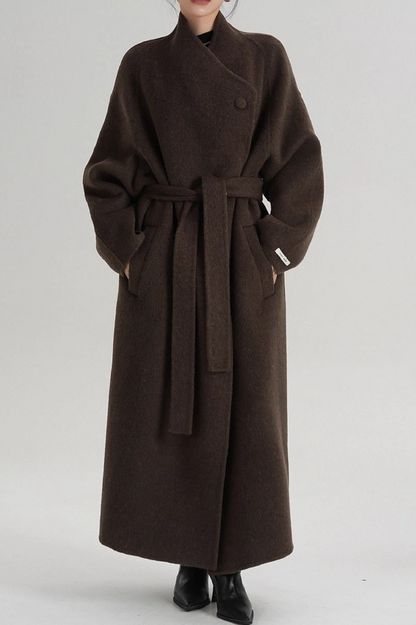Hepburn Wool Diagonal Button Collar Tied Waist Overcoat