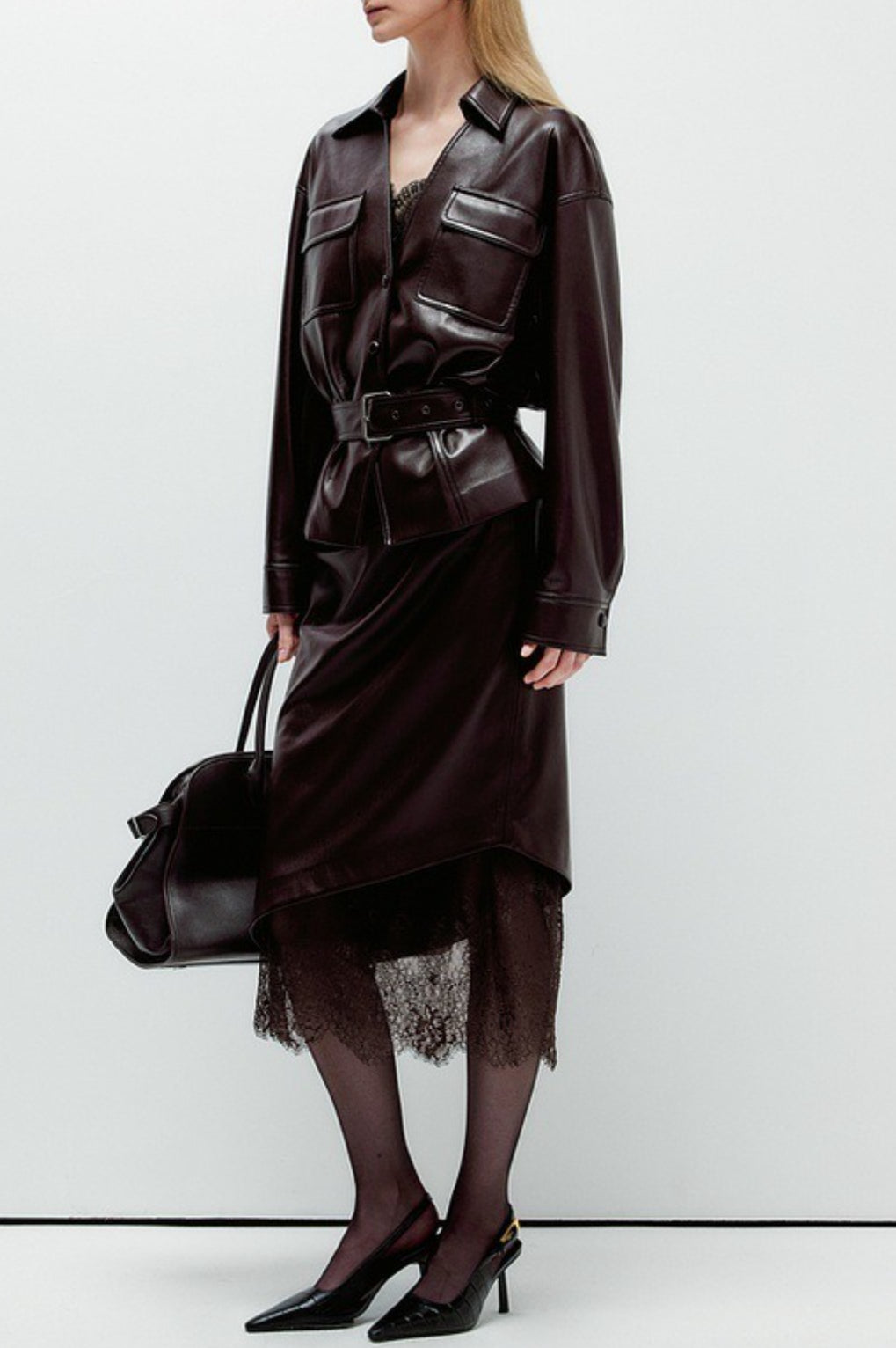 Elegant Lace Trim Leather Skirt