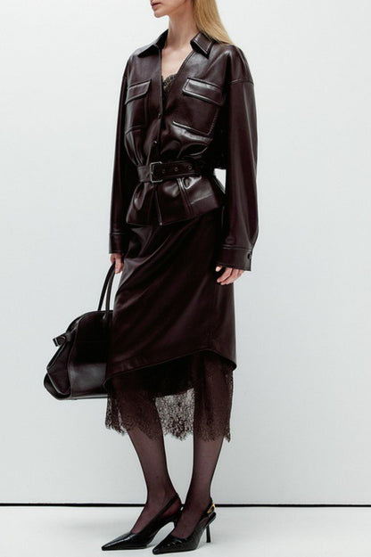 Elegant Lace Trim Leather Skirt
