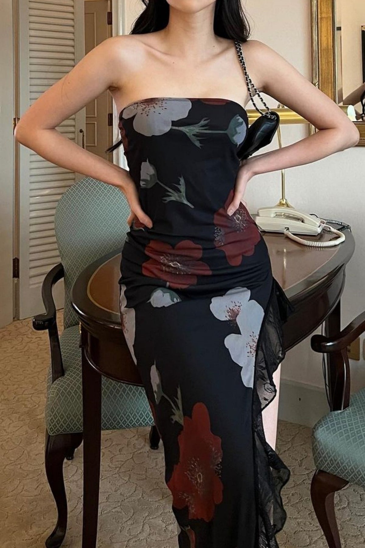 Off Shoulder Mesh Strapless Slit Slim Floral Dress