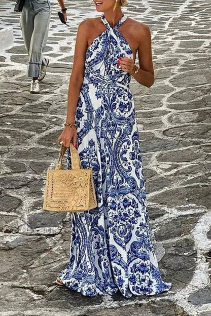 Halter Neck Blue And White Porcelain Print Flare Maxi Dress
