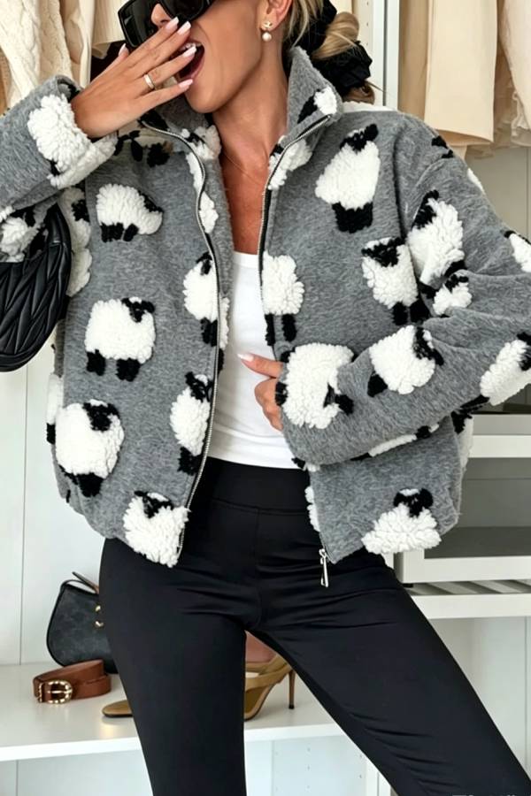Playful Lamb Pattern Teddy Bear Fleece Material Contrast Color Long Sleeve Pocket Zipper Coat