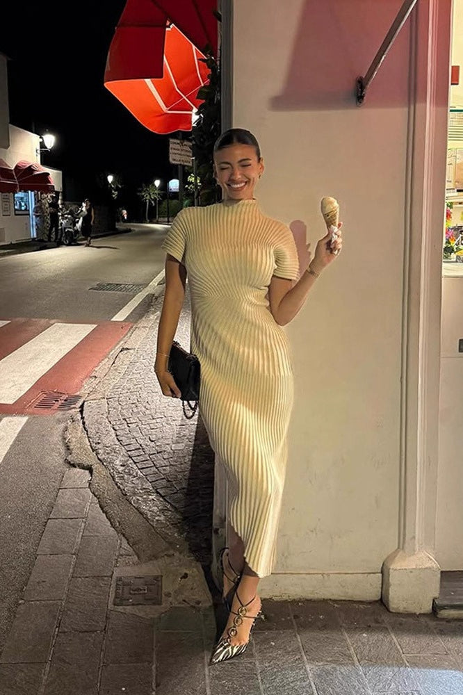 Solid Ribbed Pleated Slit Slim Elegant Sweater Dress