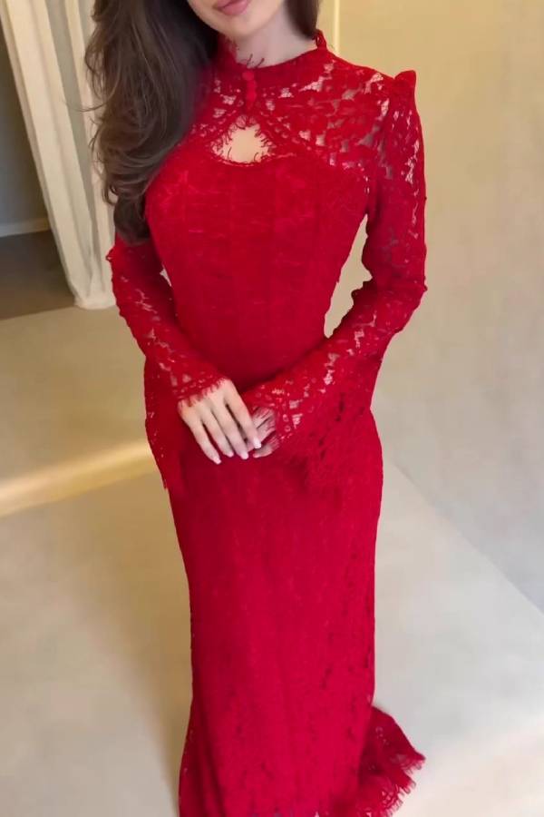 Multi-Color Stand Collar Lace Backless Tie Mermaid Maxi Dress