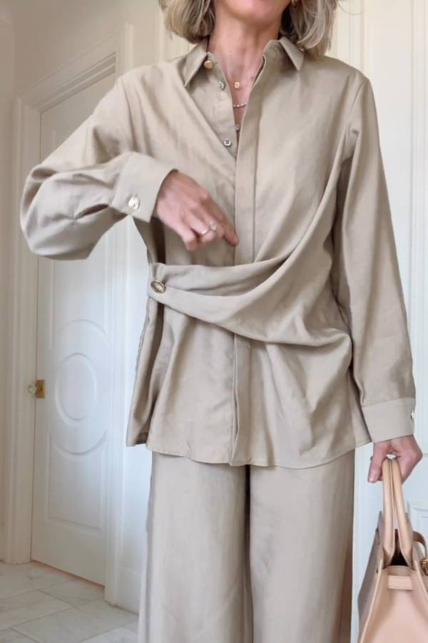 Cross-waist shirt and wide-leg pants suit
