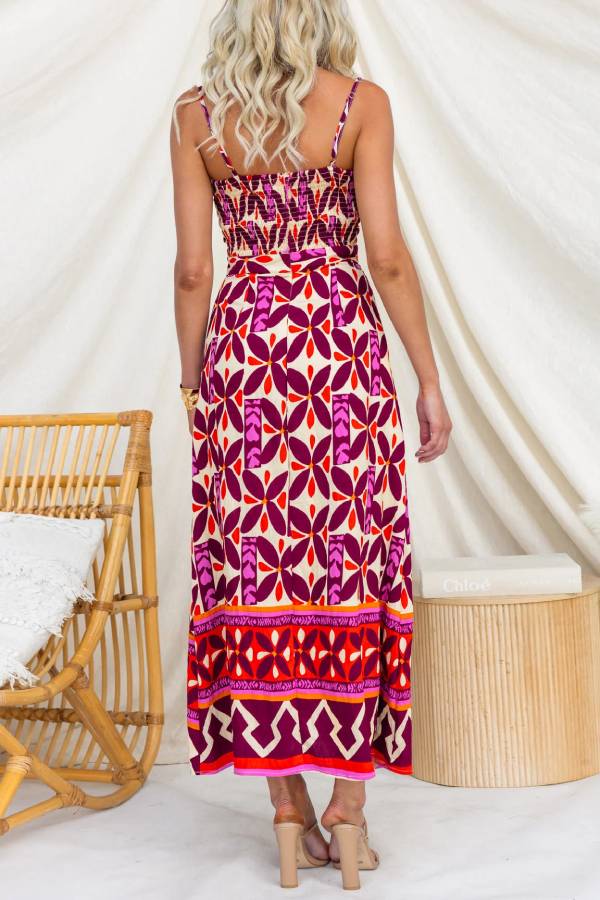 Retro Geometric Print Spaghetti Strap Maxi Dress
