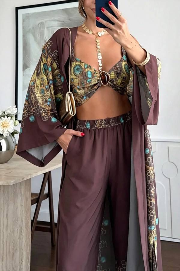 Exotic Printed Gemstone Crop Tank and Elastic Waist Pocket Pants and Kimono Cover-up 3 Pieces Set