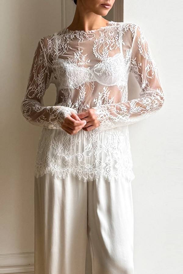French Round‑Neck Sheer Lace Long‑Sleeve Layering Top