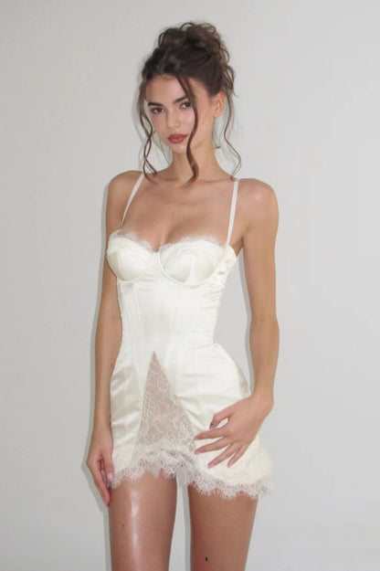 Satin Lace Ruffle Strapless Mini Dress